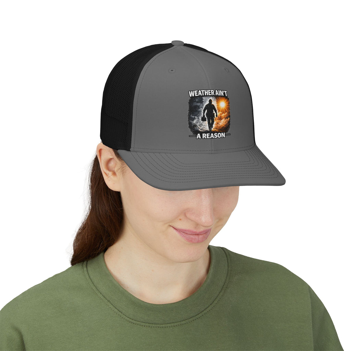 Weather Ain't a Reason Snapback Trucker Cap — Outdoor Adventure Mesh Hat