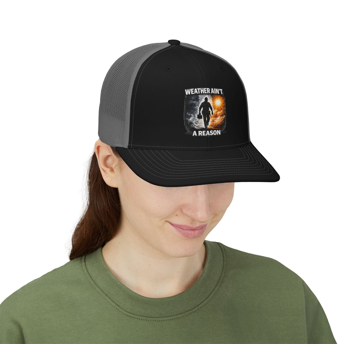 Weather Ain't a Reason Snapback Trucker Cap — Outdoor Adventure Mesh Hat