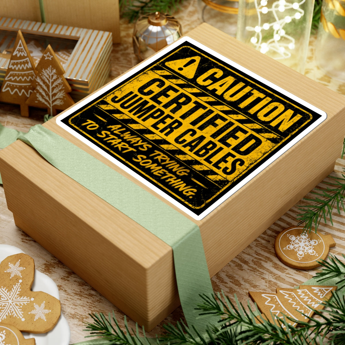 Caution Jumper Cables Sticker — 'Caution: Always Trying to Start Something'