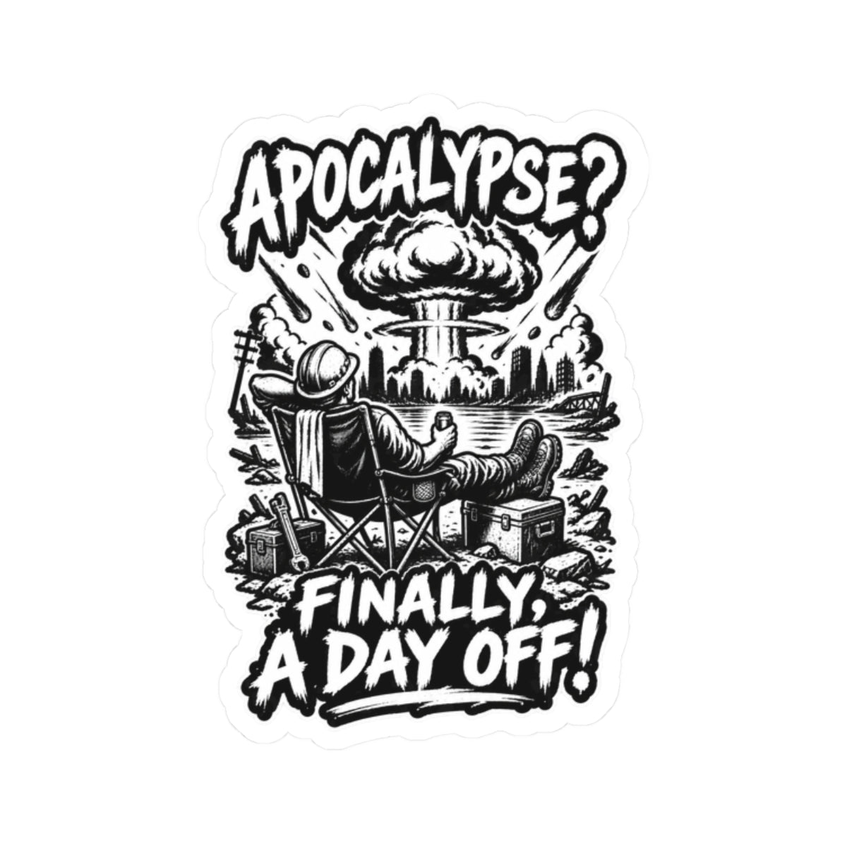 Kiss-Cut Sticker — “Apocalypse? Finally a Day Off!” Black & White Retro Survival Humor