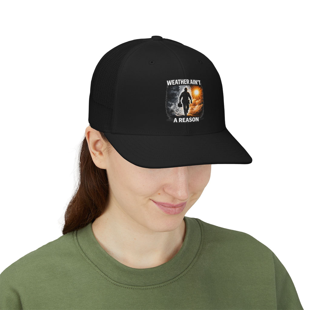 Weather Ain't a Reason Snapback Trucker Cap — Outdoor Adventure Mesh Hat